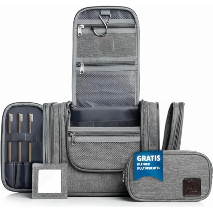 Obics Kulturbeutel Herren & Damen Gross grau 8L XXL - Kulturtasche zum Aufhängen & mit Spiegel - Toiletten-Tasche mit Henkel hängend - Kosmetik-Beutel - Waschtasche 10 Fächer für Camping Reisen