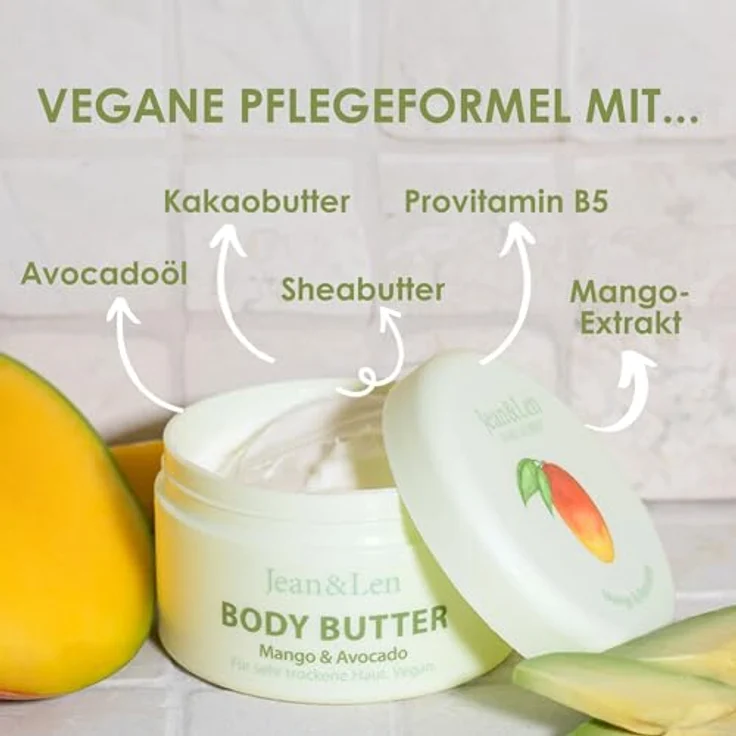 Jean & Len Exotische Body Butter Mango & Avocado, intensive Pflege für trockene Haut, pH-hautideal, ohne Parabene & Silikone, 200 ml – Bild 2