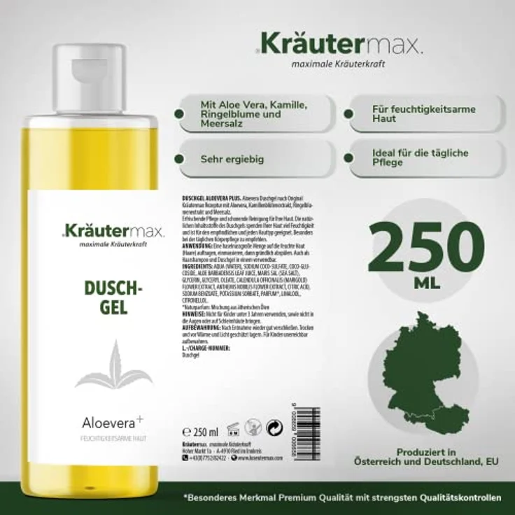 Kräutermax Aloe Vera Duschgel Reinigungsgel mit Aloevera Gel für Körper und Haare, 250 ml – Bild 4