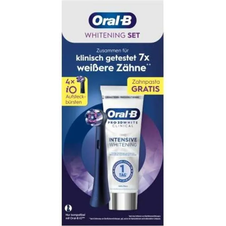 Braun Oral-B iO Strahlendes Weiss, Original Aufsteckbürsten für elektrische Zahnbürsten, Schwarz, 4 Stück + Gratis Whitening Zahnpasta