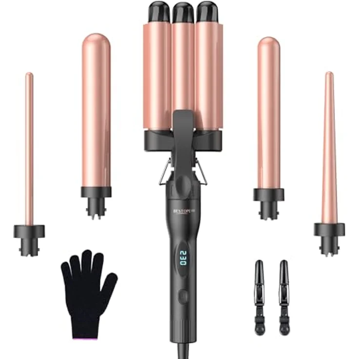 BESTOPE PRO Lockenstab Set 5 in 1, 3 Fässer Welleneisen mit 8 Temperatureinstellungen und LED-Anzeige, schnellaufheizend, Rose Gold – Bild 1