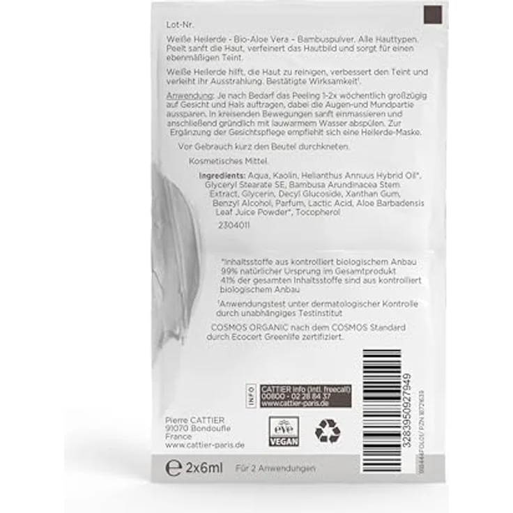 Cattier Paris Weiße Heilerde Peeling für das Gesicht, zertifizierte Naturkosmetik mit Bio Aloe Vera und Bambuspulver, vegan, für alle Hauttypen, 2 x 6ml – Bild 2