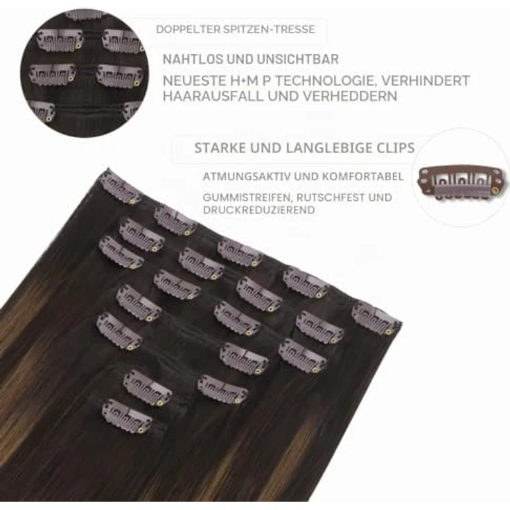 WENNALIFE Clip in Extensions Echthaar, 60cm 120g 7pcs Balayage Dunkel Braun to Chestnut Braun, Remy Haarverlängerung mit silikonverstärkten Clips – Bild 3