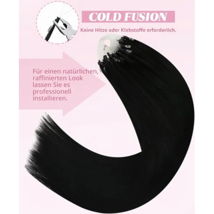 YoungSee Haarverlängerungen mit Mikroperlen, 35,6 cm, Echthaar, schwarze Mikroringe, kalte Fusion, seidig und glatt, 50 g, Schwarz – Bild 5