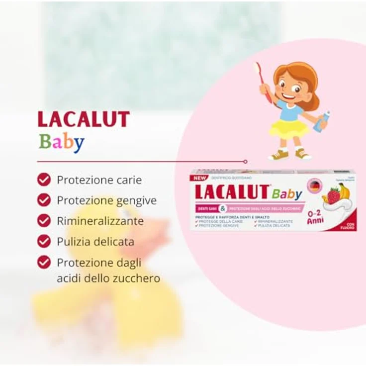 LACALUT Baby Zahnpasta 0-2 Jahre. Tägliche Hygiene Schutz Karies. mit Fluor und Xylit. Himbeer Bananengeschmack. 55ml – Bild 2