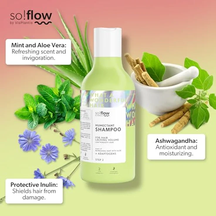 SO!FLOW Humectant Shampoo für Low Porosity Hair mit Ashwaganda, 400 ml - intensiv feuchtigkeitsspendend, vegan, mit Aloe Vera und Minze – Bild 3