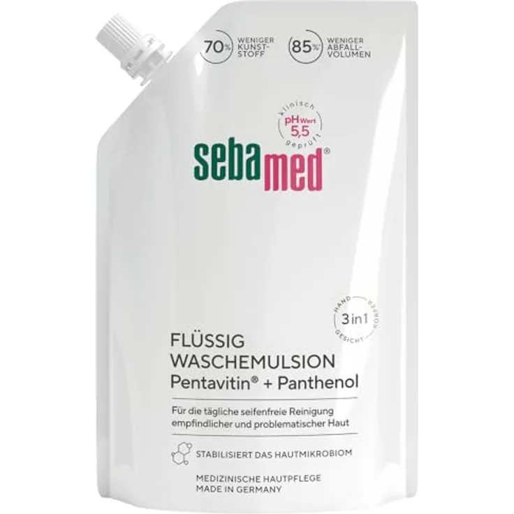 Sebamed Flüssig Wasch-Emulsion Nachfüllbeutel 400 ml, Reinigung für empfindliche und problematische Haut, hilft gegen Reizungen und Austrocknung, für Hand-, Gesichts- und Körperreinigung, umweltfreundliche Option, Made in Germany, pH-Wert 5,5, dermatologisch-klinisch getestet, vegan