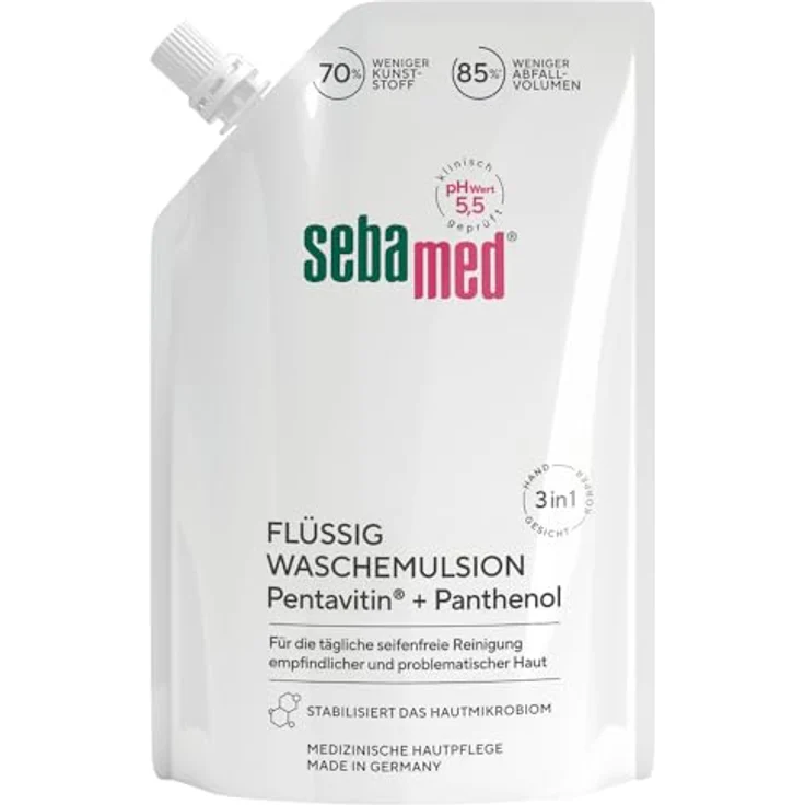 Sebamed Flüssig Wasch-Emulsion Nachfüllbeutel 400 ml, Reinigung für empfindliche und problematische Haut, hilft gegen Reizungen und Austrocknung, für Hand-, Gesichts- und Körperreinigung, umweltfreundliche Option, Made in Germany, pH-Wert 5,5, dermatologisch-klinisch getestet, vegan – Bild 1
