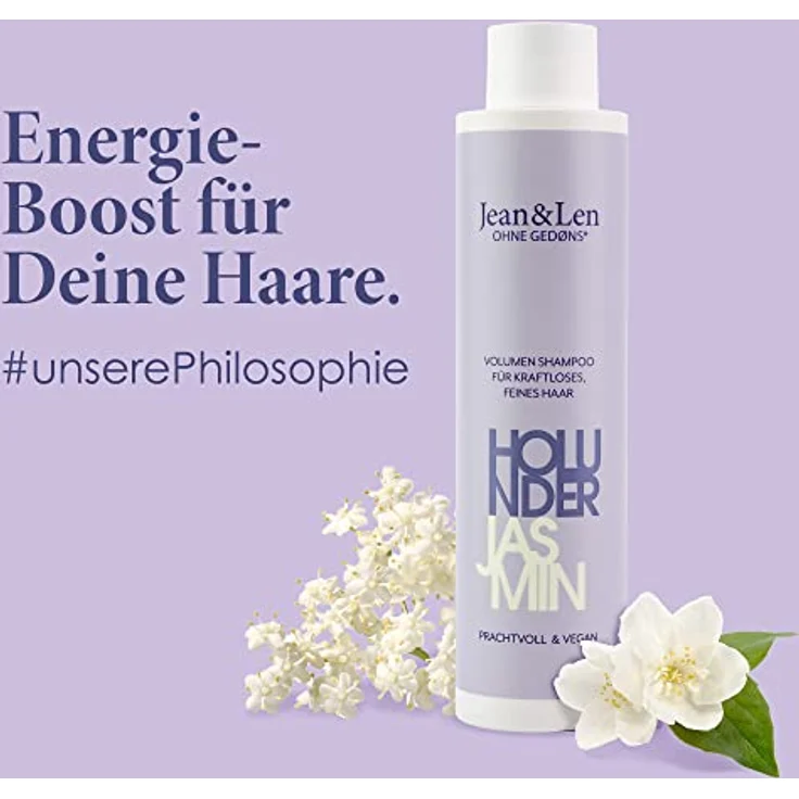 Jean & Len Volumen Shampoo Holunder & Jasmin, für kraftloses und feines Haar, verleiht Volumen, fruchtig-blumiger Duft, ohne Parabene und Silikone, vegan, 300 ml – Bild 4