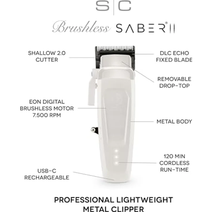 Stylecraft Saber 2.0 Professioneller Clippert, Herren-Haarschneider mit bürstenlosem EON-Motor, verstellbarer Klinge, 120 Minuten kabellose Laufzeit, Metallgehäuse, USB-Kabel Typ C (weiß) – Bild 3
