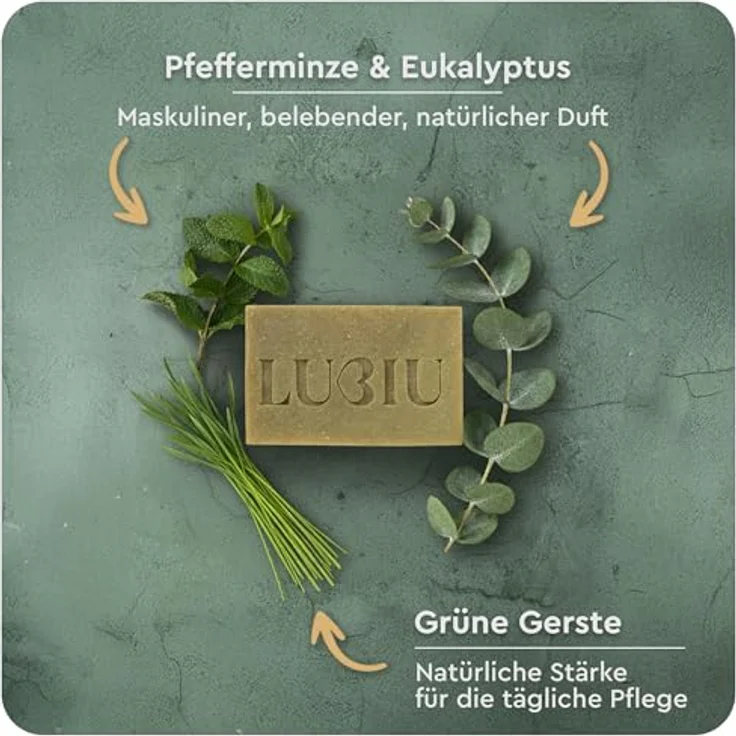 lubiu Frische Minze Seife 100g - 3in1 Duschseife für Männer (Körper, Haare & Bart) - Naturseife mit Pfefferminz- und Eukalyptusduft - vegan und palmölfrei – Bild 5
