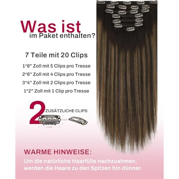 Moresoo Clip in Extensions Balayage, Echthaar Ombre Dunkelbraun mit Mittelbraun, 7 Tressen, 120g, 45cm – Bild 3