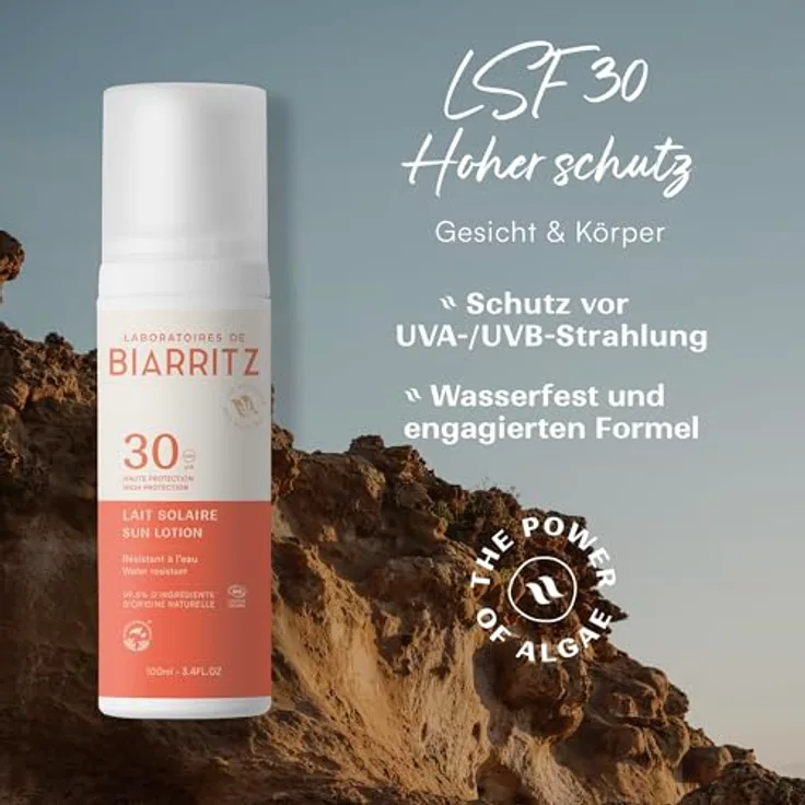 Laboratoires de Biarritz Sonnenmilch LSF30 Bio-zertifiziert, leichte cremige Textur für Gesicht und Körper, 100 ml, Made in France, wasserfest und antibakteriell