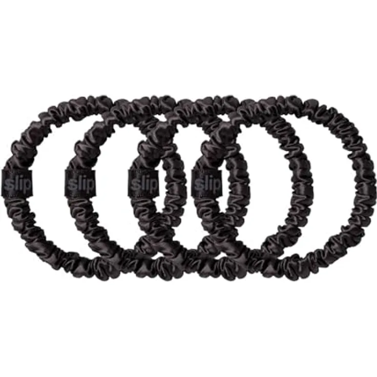 Slip Silk Skinny Scrunchies - vierteiliges Zopfgummi Set aus Seide - haarschonende Haargummis gegen Haarbruch - aus 100% Maulbeerseide - 1 x 4 Stück - Schwarz
