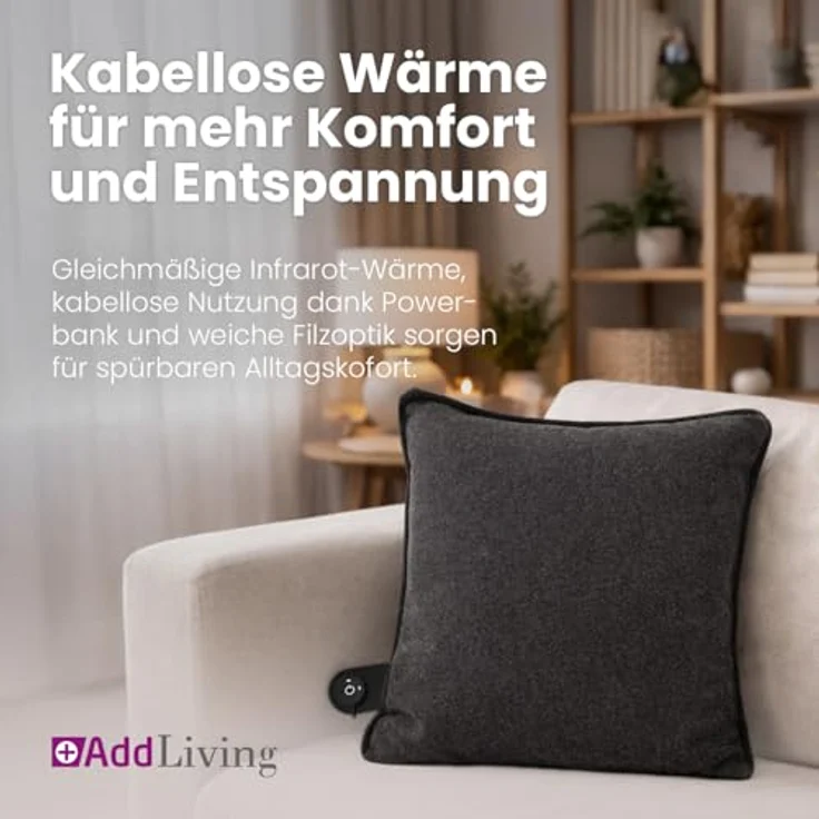 Addliving Sitz-Heizkissen kabellos, 43 x 31 cm, beheizbar mit 5000 mAh Powerbank, USB-C Aufladbar, Infrarot-Wärme, 3 Temperaturstufen – Bild 2