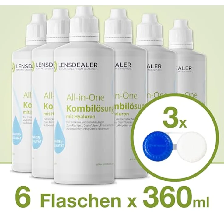 Lensdealer Kontaktlinsen Pflegemittel mit Hyaluron All-in-One Kombilösung 1x 360ml Kontaktlinsenflüssigkeit + 1x Linsenbehälter – Bild 3