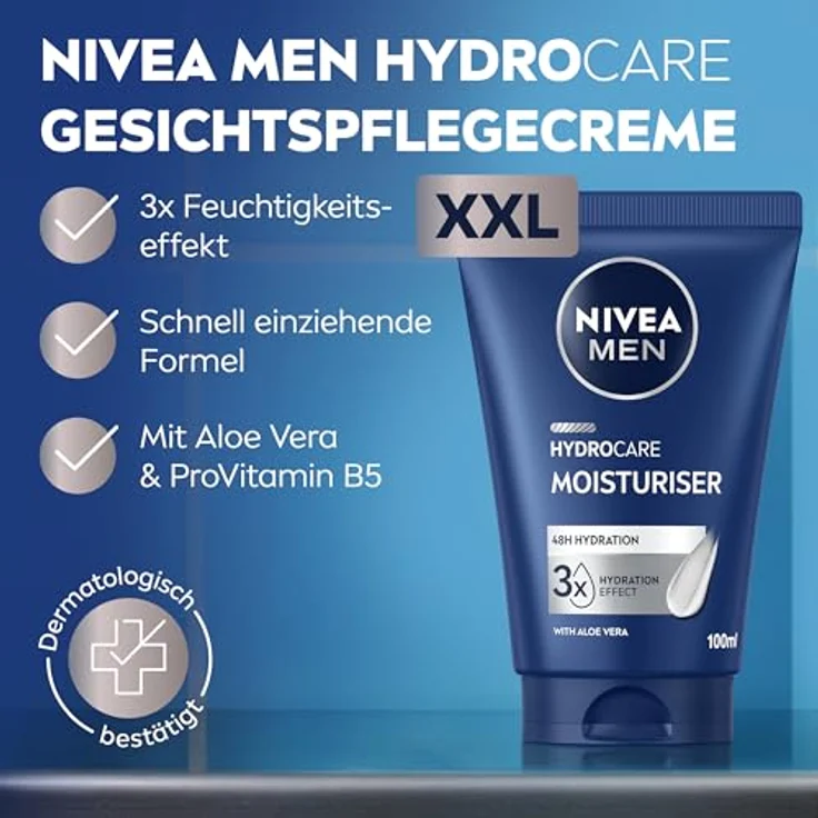 NIVEA MEN Hydrocare Moisturiser, 48h Feuchtigkeitscreme für trockene Männerhaut mit Aloe Vera und Provitamin B5, 100 ml – Bild 2