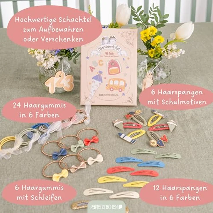 Papierdrachen 48-teiliges Set Haarspangen und Haargummis, langlebig und robust mit Glitzer und Stoffbezug, für lange und feine Haare, Schul-Applikationen in bunten Farben – Bild 3