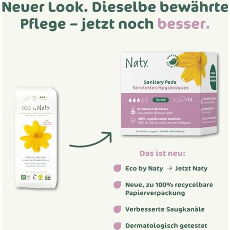 Naty Damenbinden Normal, 14 Stück – umweltfreundlich, vegan, hautfreundlich, biologisch abbaubar für natürliche Monatshygiene – Bild 6