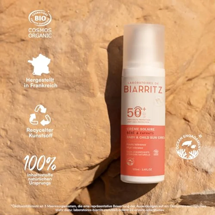 Laboratoires de Biarritz Sonnencreme Baby & Kind LSF50+, Bio-zertifiziert, leichte cremige Textur, 100 ml, Made in France – Bild 3