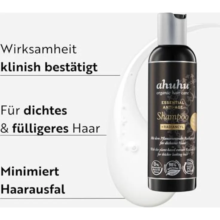 ahuhu ESSENTIAL ANTI-AGE Shampoo (200 ml) – Haarshampoo mit Radiancyl & Pfefferminz-Extrakt, reduziert Haarausfall, fördert Haardichte & Volumen, silikonfrei, für Damen & Herren, vegane Haarpflege – Bild 2