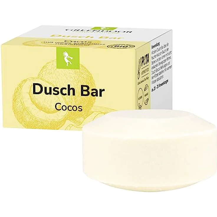 GREENDOOR Dusch Bar Cocos 75g, festes ergiebiges Duschgel, Natur Solid Bar mit Bio Cocosextrakt, Haut-mild, natürlich ohne Palmöl Sulfate Plastik Tierversuche, Kokos Naturkosmetik – Bild 1