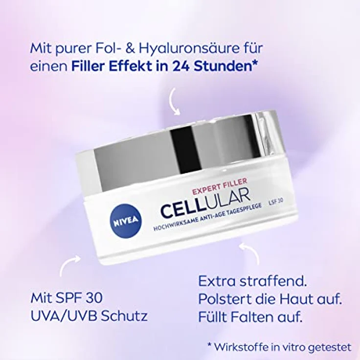 NIVEA Cellular Expert Filler Hochwirksame Anti-Age Tagespflege LSF 30, extra straffende Gesichtspflege mit Auffüllungseffekt, aufpolsternde Tagescreme mit Hyaluronsäure & Sonnenschutz (50 ml) – Bild 2