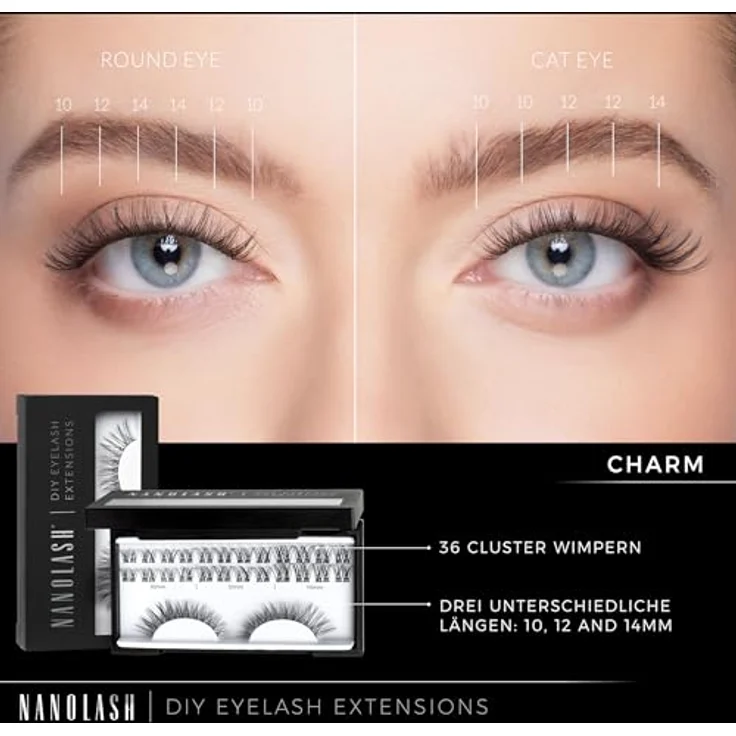 Nanolash Set zur cluster wimpern zur DIY Wimpernverlängerung zu Hause - 36 Wimpernsegmente + Bonder + Sealer + Remover + Applikator (CHARM) – Bild 4