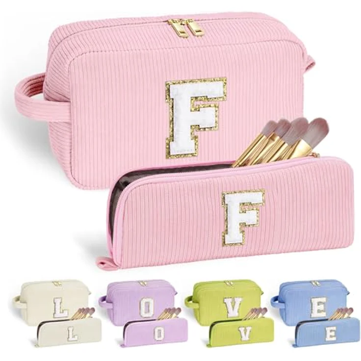 Parima Kosmetiktasche "Buchstaben F", rosa, 2-teiliges Set, große und kleine Make-up Taschen mit Unterteilungen, ideal für Reisen und Geschenke – Bild 1