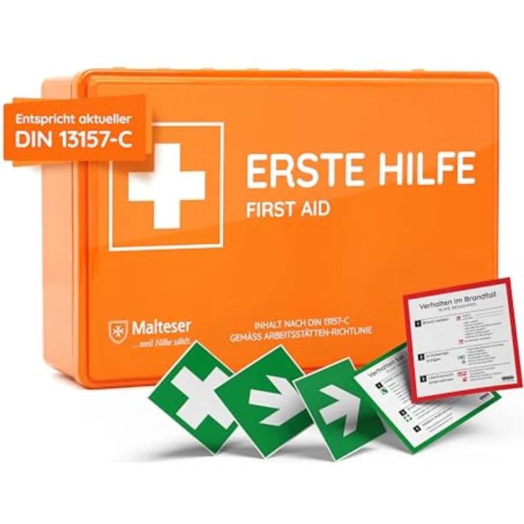 FLEXEO Erste-Hilfe-Koffer DIN 13157, Betriebsverbandkasten mit Wandhalterung, bruchsicher, orange