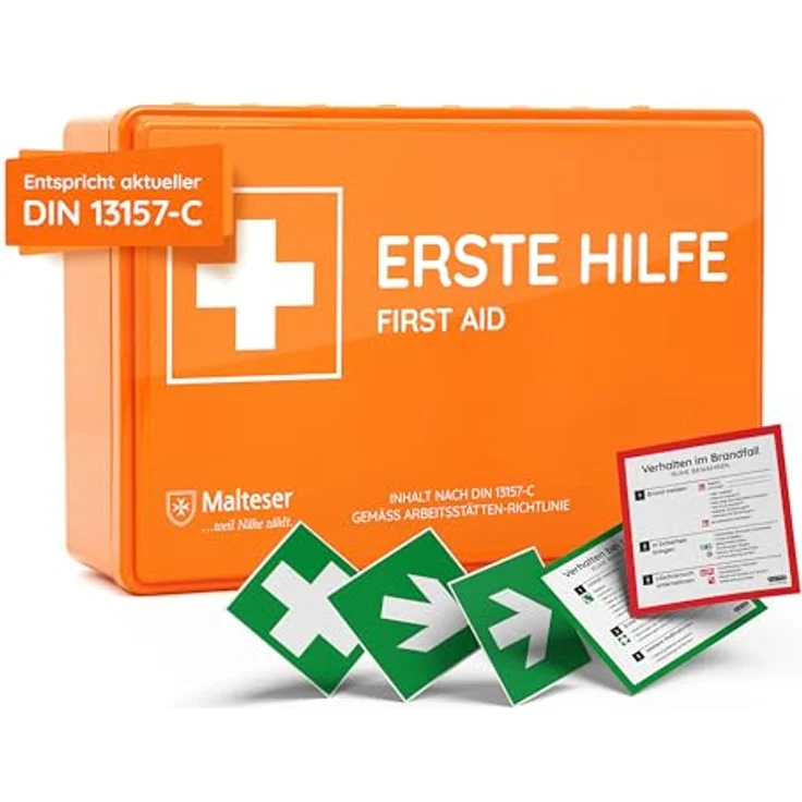 FLEXEO Erste-Hilfe-Koffer DIN 13157, Betriebsverbandkasten mit Wandhalterung, bruchsicher, orange – Bild 1