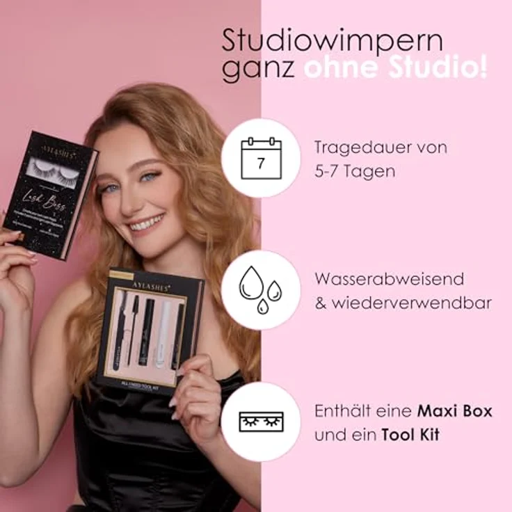 AYLASHES DIY Wimpernextensions Starter Set CAFE GLAM, 6 Paar D-Curl Wimpern, Applikator, Wimpernkleber, Top Coat Sealer schwarz, bis zu 7 Tage Halt – Bild 2