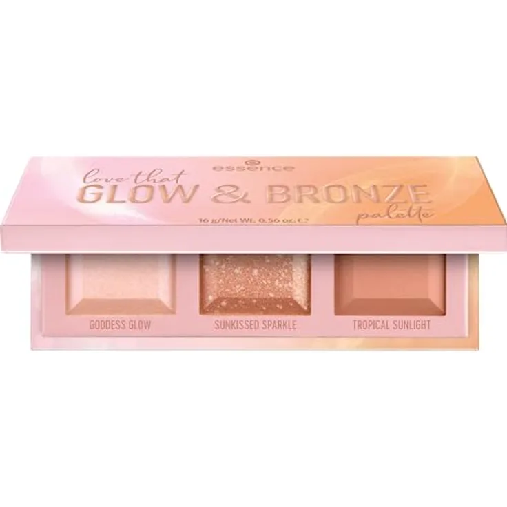 essence cosmetics love that GLOW & BRONZE palette, Highlighter Palette, Mehrfarbig, hochpigmentiert, schimmernd, farbintensiv, vegan, ölfrei, 1er Pack (16g)