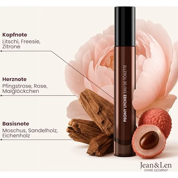 Jean & Len Eau de Toilette Peony & Lychee, 10 ml Mini Parfum im hochwertigen Glas Flacon, blumiger Duft mit Pfingstrose & Litschi, vegan, ideal für unterwegs – Bild 2