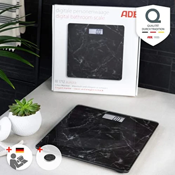 ADE Digitale Personenwaage BE 1712 Aurora in dunkler Marmor, Optik, Elektronische Badezimmerwaage mit eleganter Wiegefläche aus Sicherheitsglas zur genauen Gewichtsbestimmung bis 180 kg, Schwarz – Bild 8