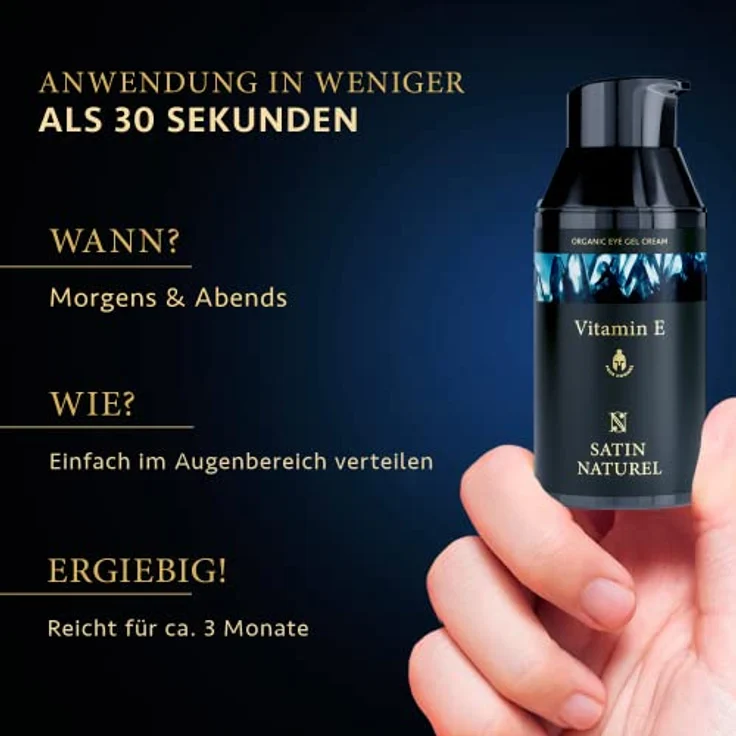 BIO Augencreme Männer 30ml - Augen Lifting Booster mit Vitamin E + Aloe Vera + Hyaluron - Augenringe entfernen Soforteffekt - Anti Augenringe Herren - Eye Cream Vegan - Satin Naturel – Bild 4