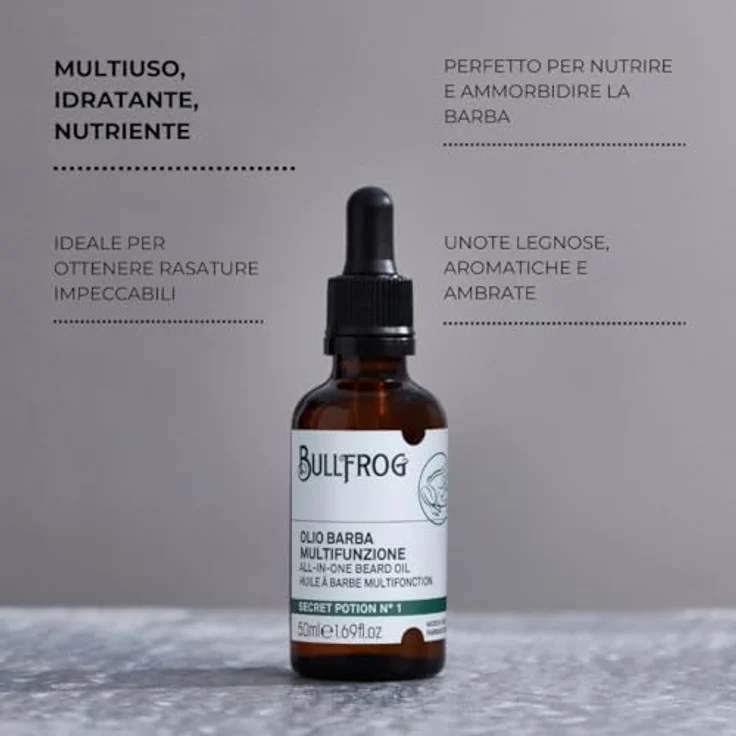 Bullfrog Secret Potion N.1 Multifunktionales Bartöl 50ml – Holzig, Aromatisch, Bernsteinfarben – 96,7 % natürliche Inhaltsstoffe, Hergestellt in Italien – Bild 3