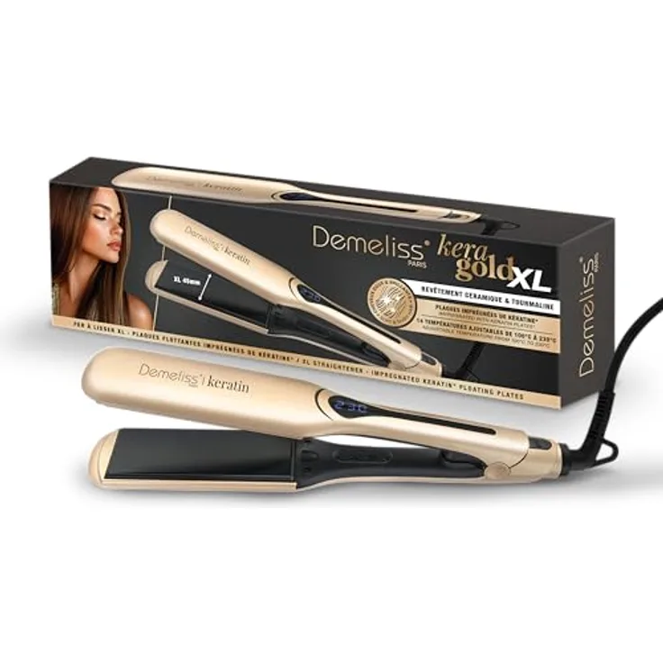 Demeliss Kera-GOLD XL, Glätteisen mit keratinangereicherte Platten, breite 45 x 110 mm, 14 temperatur einstellbar, ideal für mittellanges bis langes Haar