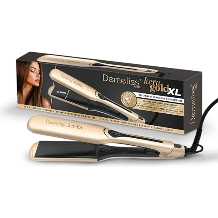 Demeliss Kera-GOLD XL, Glätteisen mit keratinangereicherte Platten, breite 45 x 110 mm, 14 temperatur einstellbar, ideal für mittellanges bis langes Haar – Bild 1