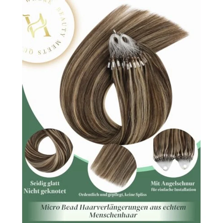 Ugeat Micro Ring Extensions Echthaar Karamellblond, 45 cm, 50 Strähnen, hitzebeständig, nahtlose Integration – Bild 2