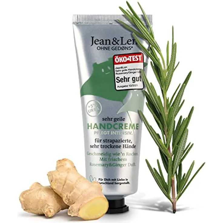 Jean & Len Sehr geile Handcreme Rosemary & Ginger, mit Urea, Handpflege für trockene und rissige Hände, spendet Feuchtigkeit und pflegt intensiv, ohne Parabene und Silikone, Handcreme Tube, 75 ml