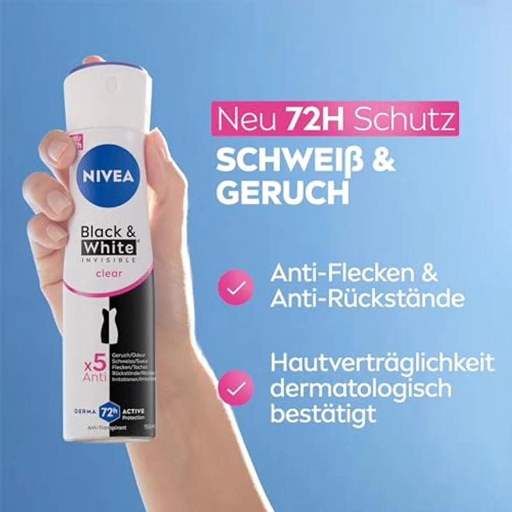 NIVEA Black & White Invisible Clear Deo Spray, 72h Anti-Transpirant mit patentierter Anti-Flecken-Formel, 150 ml – Bild 2