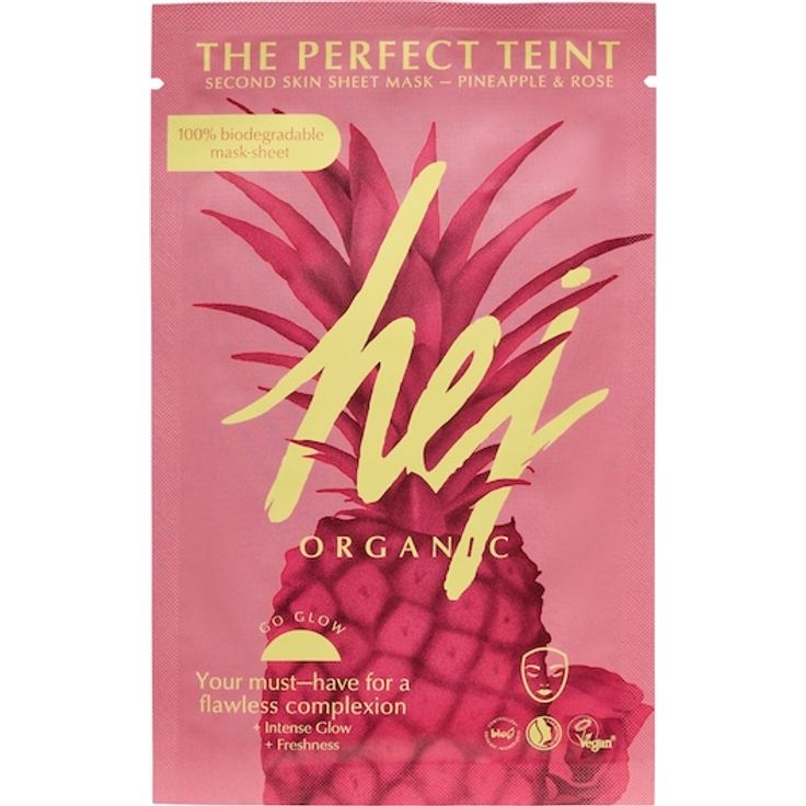 Hej Organic The Perfect Teint Second Skin Sheet Mask Glow, Tuchmaske aus Bio-Baumwolle mit Ananasextrakten und Arganöl, 22 g