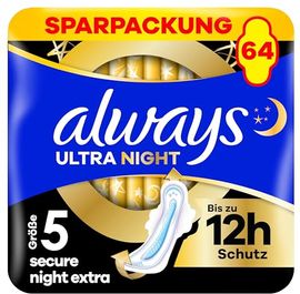 Always Ultra Secure Night Damenbinden (Größe 5) mit Flügeln, 64 Stück