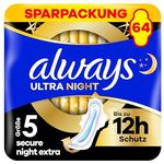 Always Ultra Secure Night Damenbinden (Größe 5) mit Flügeln, 64 Stück - Super saugfähig, ultra dünn, bis zu 12h Schutz, LeakGuard- und OdourLock-Technologie