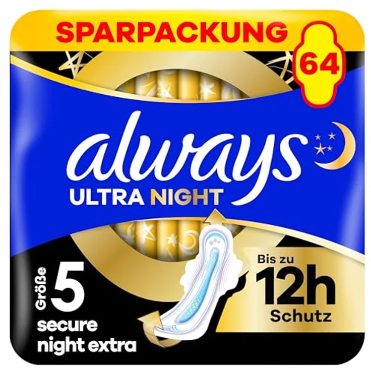 Always Ultra Secure Night Damenbinden (Größe 5) mit Flügeln, 64 Stück - Super saugfähig, ultra dünn, bis zu 12h Schutz, LeakGuard- und OdourLock-Technologie
