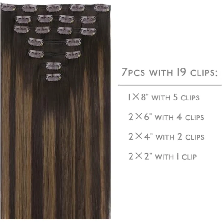 WENNALIFE Clip in Extensions Echthaar 35cm 120g 7pcs Balayage Dunkel Braun to Chestnut Braun Remy Haarverlängerung – Bild 2