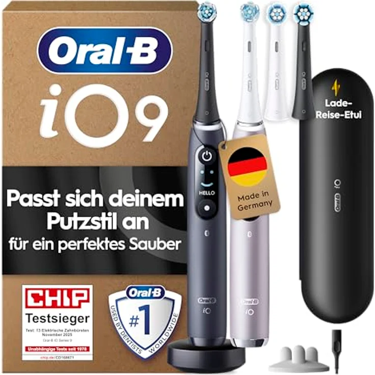 Oral-B iO Series 9 Plus Edition Doppelpack Elektrische Zahnbürste mit 7 Putzmodi, 4 Aufsteckbürsten, Lade-Reiseetui, designed by Braun, black onyx/rose quartz – Bild 2