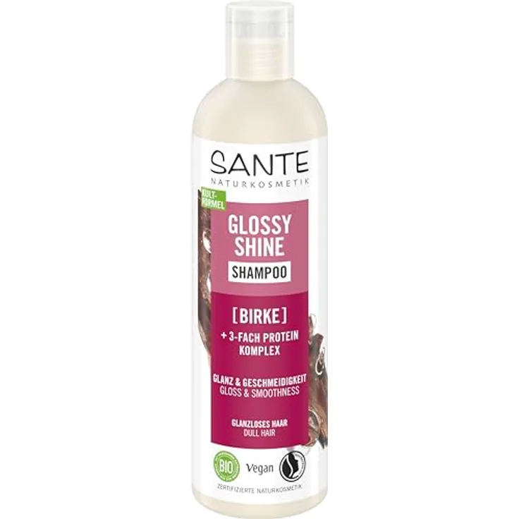 Sante Naturkosmetik Glossy Shine Shampoo, 250 ml - Bio-Birkenblattextrakt + 3-Fach Protein Komplex, natürlicher Kokosduft