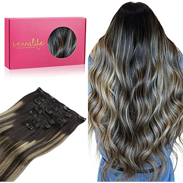 WENNALIFE Clip in Extensions Echthaar, 55cm 22 Zoll, 120g, 7pcs, Balayage Schwarz bis Hellblond, Remy Haarverlängerung – Bild 1